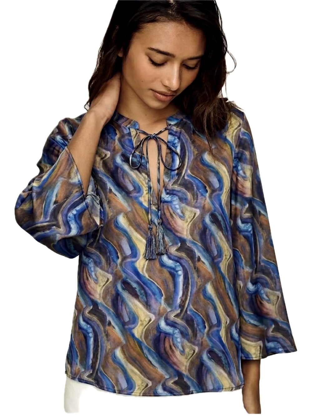 NWT APNY Satin Split Neck Tunic Blouse Size M Artsy Watercolor Flowy Bell Sleeve